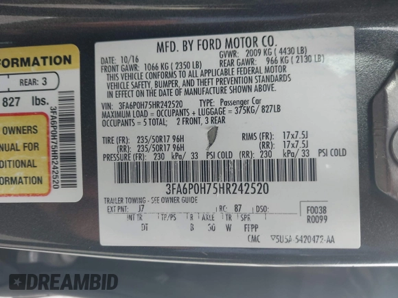 2017 Ford Fusion SE with VIN 3FA6P0H75HR242520, listed as a IAAI auction lot 41721163 with 62,853 mi miles. Bid and sale history available at carsss.com. Image 9.