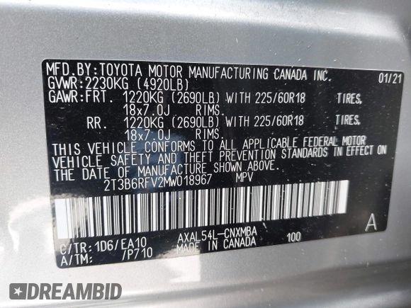2021 Toyota RAV4 Hybrid LE with VIN 2T3B6RFV2MW018967, listed as a IAAI auction lot 42601989 with 71,046 mi miles and . Bid and sale history available at DreamBid. Image 9.