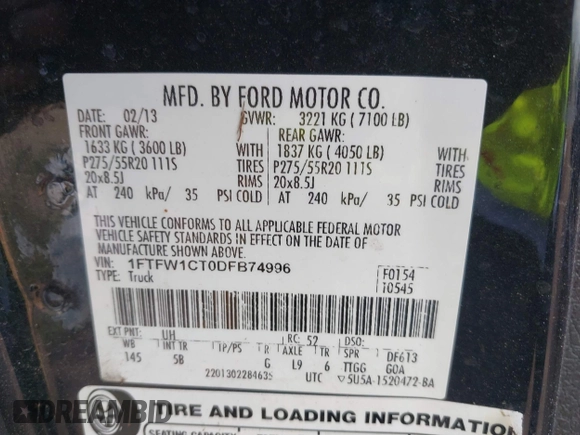 2013 Ford F-150 XL with VIN 1FTFW1CT0DFB74996, listed as a IAAI auction lot 42217765 with Not provided miles and . Bid and sale history available at DreamBid. Image 9.
