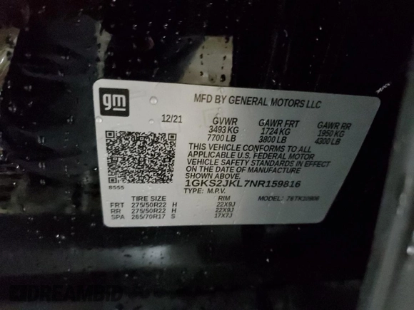 2022 GMC Yukon XL Denali with VIN 1GKS2JKL7NR159816, listed as a Copart auction lot 49436295 with 130,358 mi miles and Salvage Title. Bid and sale history available at carsss.com. Image 15.
