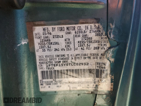 1996 Ford F-150 with VIN 1FTEF15Y0TLC02932, listed as a Copart auction lot 69009794 with Not provided miles and Salvage title. Bid and sale history available at DreamBid. Image 14.
