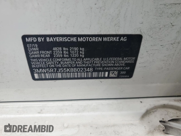 2019 BMW 3 Series 330i xDrive with VIN 3MW5R7J55K8B02348, listed as a Copart auction lot 56358215 with Not provided miles and Salvage title. Bid and sale history available at DreamBid. Image 12.