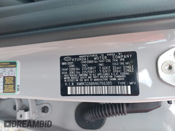 2022 Hyundai Kona SEL with VIN KM8K32AB6NU766385, listed as a IAAI auction lot 40500060 with 18,914 mi miles and . Bid and sale history available at DreamBid. Image 9.