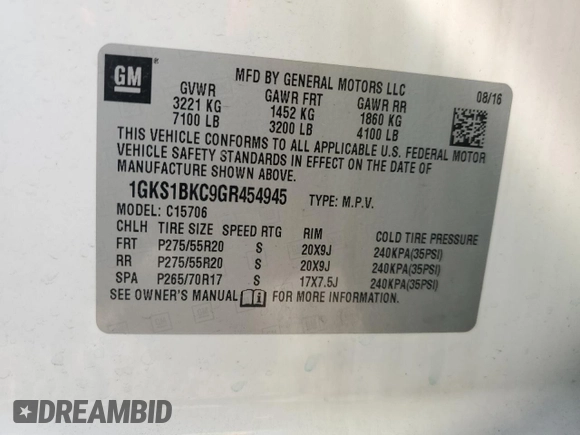 2016 GMC Yukon SLT with VIN 1GKS1BKC9GR454945, listed as a Copart auction lot 67090944 with 109,964 mi miles and Salvage Title. Bid and sale history available at carsss.com. Image 15.