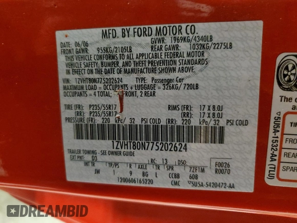 2007 Ford Mustang Deluxe with VIN 1ZVHT80N775202624, listed as a Copart auction lot 62857885 with 154,960 mi miles and Salvage title. Bid and sale history available at DreamBid. Image 12.