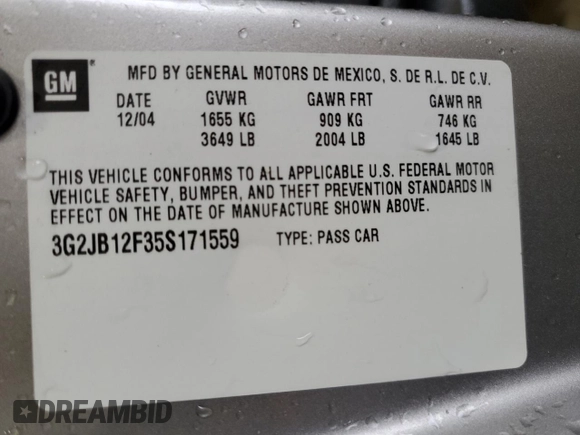 2005 Pontiac Sunfire z VIN 3G2JB12F35S171559, wystawiony jako Copart lot #57405005 z przebiegiem 153 988 mil mil oraz Szkoda całkowita • Salvage title. Historia ofert i sprzedaży dostępna na DreamBid. Obrazek 12.