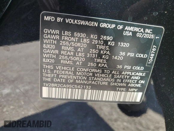 2025 Volkswagen Atlas SEL with VIN 1V2BR2CA9SC542132, listed as a Copart auction lot 55253345 with 949 mi miles and Salvage title. Bid and sale history available at DreamBid. Image 13.