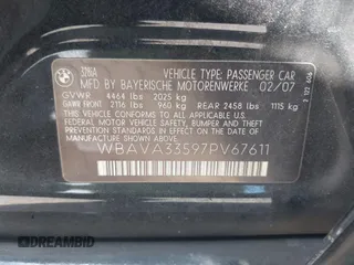 2007 BMW 3 Series 328i with VIN WBAVA33597PV67611, listed as a IAAI auction lot 41856072 with 209,720 mi miles and . Bid and sale history available at DreamBid. Image 9.