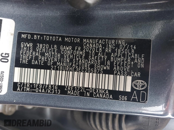 2014 Toyota Corolla L with VIN 2T1BURHE3EC205875, listed as a Copart auction lot 56900855 with 188,891 mi miles and Salvage title. Bid and sale history available at DreamBid. Image 12.