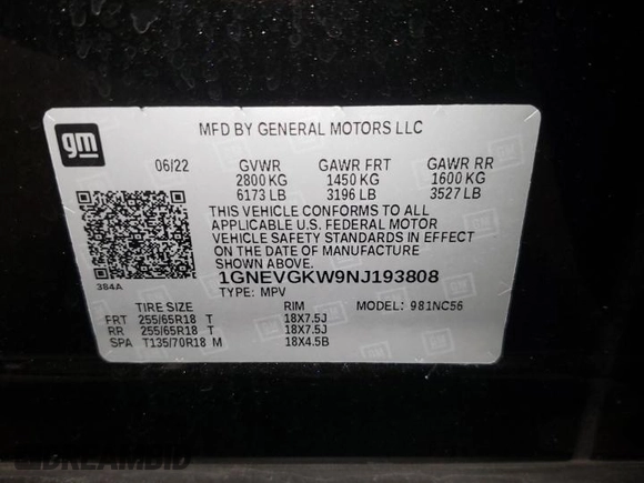 2022 Chevrolet Traverse LT Cloth with VIN 1GNEVGKW9NJ193808, listed as a Copart auction lot 47380713 with 6,028 mi miles. Bid and sale history available at carsss.com. Image 13.