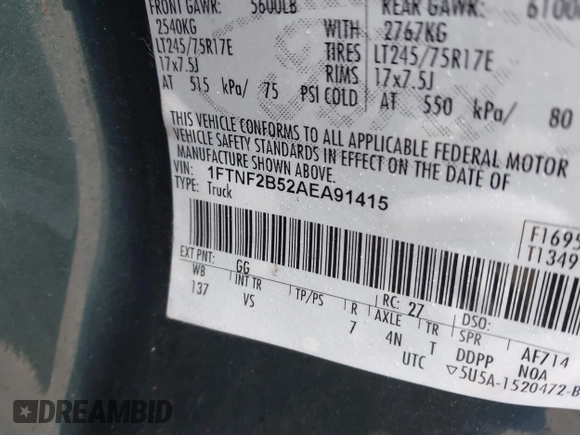2010 Ford F-250 XL with VIN 1FTNF2B52AEA91415, listed as a IAAI auction lot 41666608 with 50,163 mi miles and . Bid and sale history available at DreamBid. Image 9.