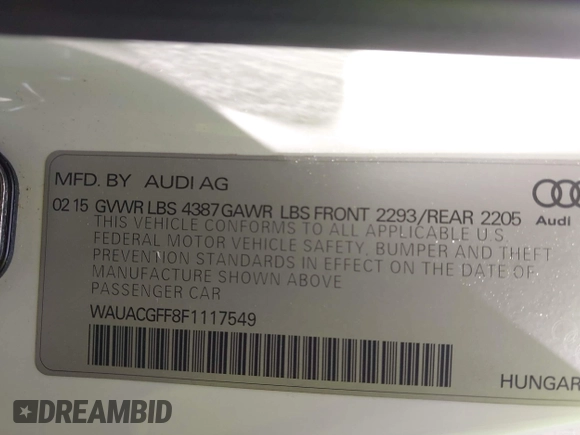 2015 Audi A3 1.8T Premium with VIN WAUACGFF8F1117549, listed as a IAAI auction lot 42059983 with 80,494 mi miles. Bid and sale history available at carsss.com. Image 9.