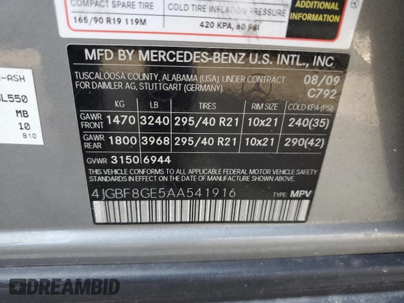 2010 Mercedes-Benz GL-Class GL 550 with VIN 4JGBF8GE5AA541916, listed as a Copart auction lot 72171424 with 126,804 mi miles and Salvage Title. Bid and sale history available at carsss.com. Image 13.