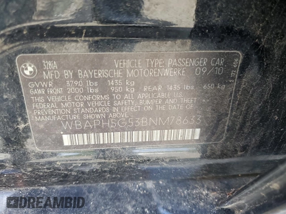 2011 BMW 3 Series 328i with VIN WBAPH5G53BNM78633, listed as a Copart auction lot 56875105 with 96,426 mi miles and Salvage title. Bid and sale history available at DreamBid. Image 12.