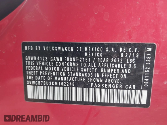 2019 Volkswagen Jetta S с VIN 3VWCB7BU3KM162248, выставлен на аукционе IAAI как лот 42238787 с пробегом 94 288 миль миль и . История ставок и продаж доступна на DreamBid. Изображение 9.