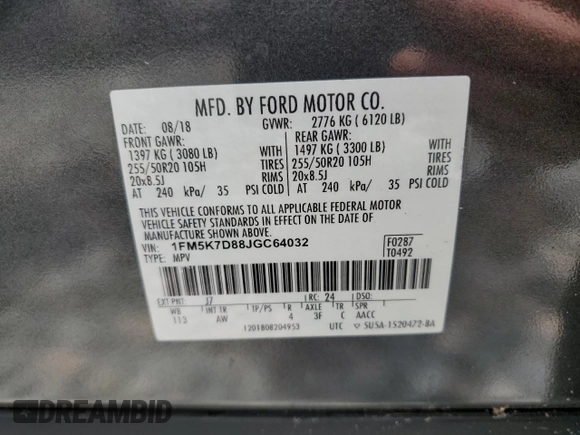 2018 Ford Explorer XLT z VIN 1FM5K7D88JGC64032, wystawiony jako Copart lot #58761555 z przebiegiem 92 190 mil mil oraz Nie do naprawy • Non repairable. Historia ofert i sprzedaży dostępna na DreamBid. Obrazek 13.