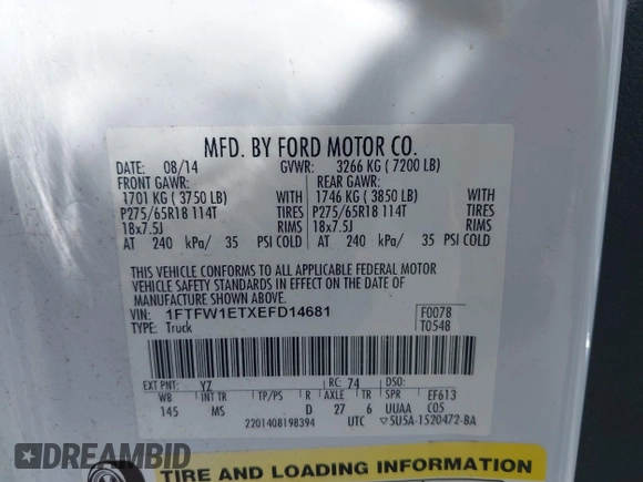 2014 Ford F-150 XL with VIN 1FTFW1ETXEFD14681, listed as a IAAI auction lot 42650184 with 133,873 mi miles and . Bid and sale history available at DreamBid. Image 9.