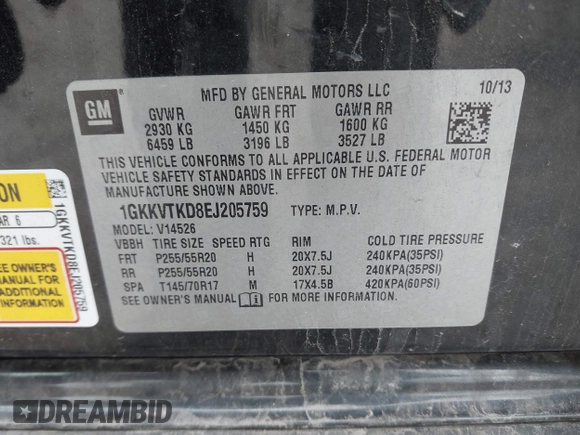 2014 GMC Acadia Denali with VIN 1GKKVTKD8EJ205759, listed as a IAAI auction lot 41952652 with 153,538 mi miles and . Bid and sale history available at carsss.com. Image 9.