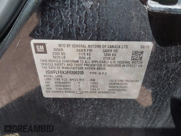 2015 Chevrolet Equinox LT with VIN 2GNFLFEK3F6396205, listed as a IAAI auction lot 42092981 with 102,342 mi miles. Bid and sale history available at carsss.com. Image 9.