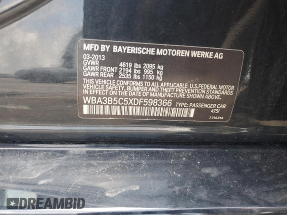 2013 BMW 3 Series 328i xDrive with VIN WBA3B5C5XDF598366, listed as a Copart auction lot 64812055 with 119,887 mi miles and Salvage title. Bid and sale history available at DreamBid. Image 12.
