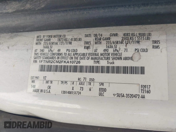 2015 Ford Transit Cargo with VIN 1FTNR2CM2FKA10726, listed as a IAAI auction lot 42112539 with 305,478 mi miles and . Bid and sale history available at DreamBid. Image 9.