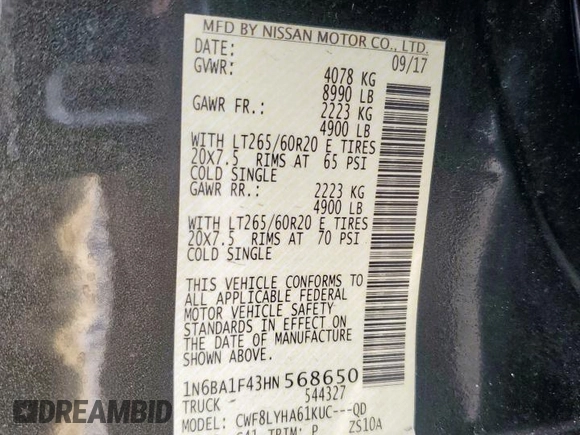 2017 Nissan Titan Platinum Reserve with VIN 1N6BA1F43HN568650, listed as a Copart auction lot 59593525 with 126,193 mi miles and Salvage title. Bid and sale history available at DreamBid. Image 12.