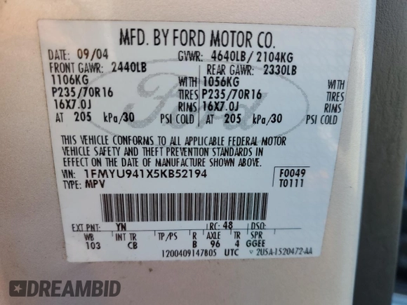 2005 Ford Escape Limited с VIN 1FMYU941X5KB52194, выставлен на аукционе Copart как лот 48726645 с пробегом Не указан миль и Списание • Salvage title. История ставок и продаж доступна на DreamBid. Изображение 13.