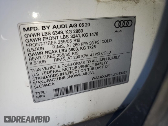 2020 Audi Q7 Premium with VIN WA1AXAF76LD013322, listed as a Copart auction lot 61510375 with 56,215 mi miles and Salvage title. Bid and sale history available at DreamBid. Image 13.