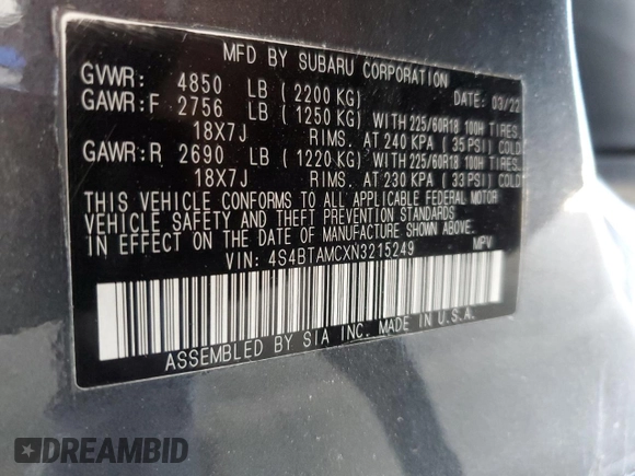 2022 Subaru Outback Limited with VIN 4S4BTAMCXN3215249, listed as a Copart auction lot 56157475 with 36,110 mi miles and Salvage title. Bid and sale history available at DreamBid. Image 12.