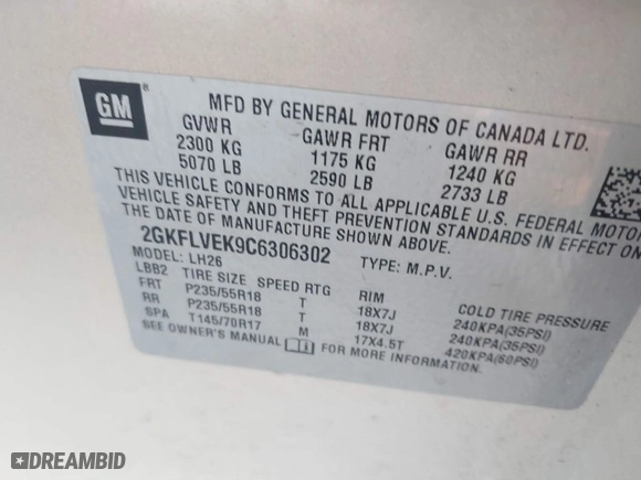 2012 GMC Terrain SLT-1 with VIN 2GKFLVEK9C6306302, listed as a IAAI auction lot 40796059 with 157,082 mi miles. Bid and sale history available at carsss.com. Image 9.