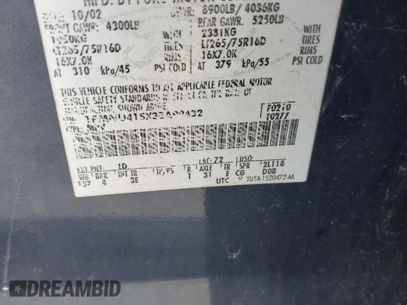 2003 Ford Excursion XLT with VIN 1FMNU41SX3EA99432, listed as a Copart auction lot 46839865 with 241,831 mi miles and Salvage title. Bid and sale history available at DreamBid. Image 13.
