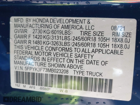 2021 Honda Ridgeline RTL-E с VIN 5FPYK3F73MB023208, выставлен на аукционе IAAI как лот 41806911 с пробегом 25 451 миль миль и . История ставок и продаж доступна на DreamBid. Изображение 9.
