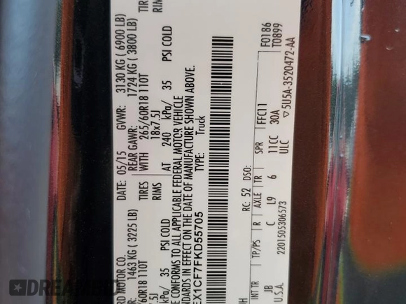 2015 Ford F-150 XL with VIN 1FTEX1CF7FKD55705, listed as a Copart auction lot 55727564 with 200,380 mi miles and Clean title. Bid and sale history available at DreamBid. Image 12.