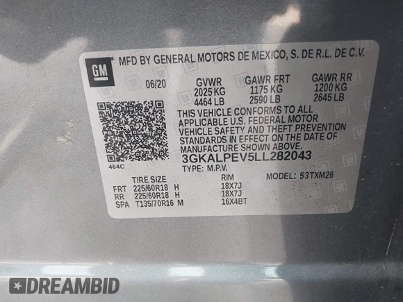 2020 GMC Terrain SLT with VIN 3GKALPEV5LL282043, listed as a IAAI auction lot 42037696 with 46,352 mi miles. Bid and sale history available at carsss.com. Image 9.