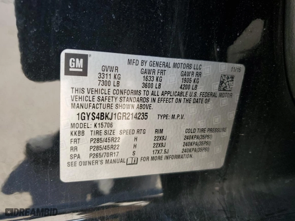 2016 Cadillac Escalade Luxury Collection with VIN 1GYS4BKJ1GR214235, listed as a Copart auction lot 87758515 with 141,397 mi miles and Salvage Title. Bid and sale history available at carsss.com. Image 14.
