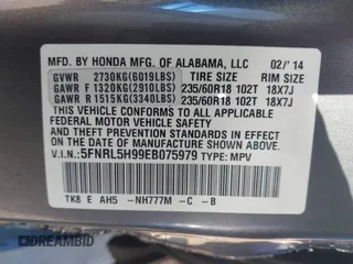 2014 Honda Odyssey Touring with VIN 5FNRL5H99EB075979, listed as a IAAI auction lot 42520154 with 99,314 mi miles and . Bid and sale history available at DreamBid. Image 9.