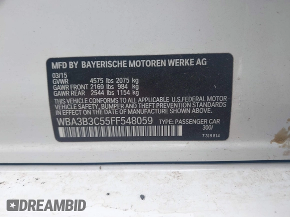 2015 BMW 3 Series 328i xDrive with VIN WBA3B3C55FF548059, listed as a IAAI auction lot 42532444 with 95,188 mi miles and . Bid and sale history available at DreamBid. Image 9.