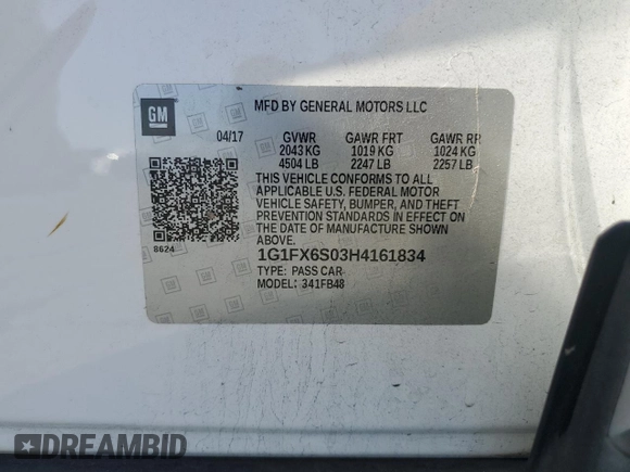 2017 Chevrolet Bolt EV Premier with VIN 1G1FX6S03H4161834, listed as a Copart auction lot 60913595 with 119,458 mi miles and Salvage title. Bid and sale history available at DreamBid. Image 12.