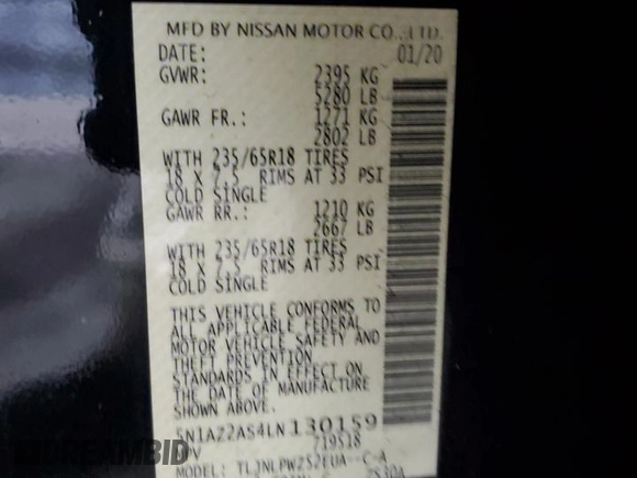 2020 Nissan Murano S z VIN 5N1AZ2AS4LN130159, wystawiony jako Copart lot #47287635 z przebiegiem 74 325 mil mil oraz Szkoda całkowita • Salvage title. Historia ofert i sprzedaży dostępna na DreamBid. Obrazek 13.