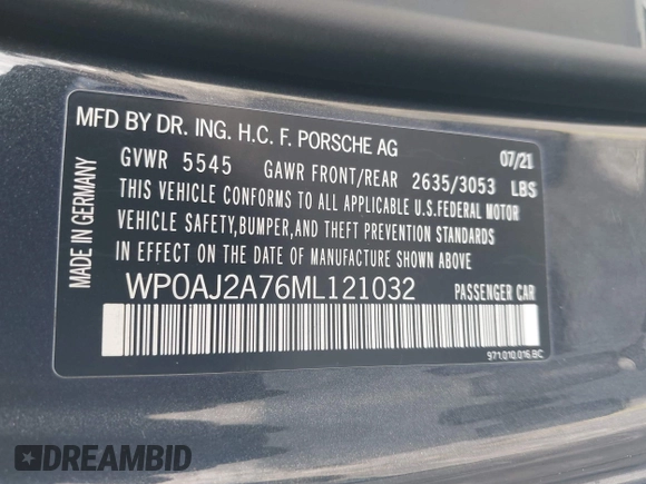 2021 Porsche Panamera с VIN WP0AJ2A76ML121032, выставлен на аукционе IAAI как лот 41215053 с пробегом Не указан миль и . История ставок и продаж доступна на DreamBid. Изображение 9.