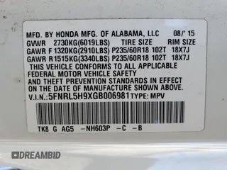 2016 Honda Odyssey Touring Elite with VIN 5FNRL5H9XGB006981, listed as a Copart auction lot 63970385 with 165,164 mi miles and Salvage title. Bid and sale history available at DreamBid. Image 13.