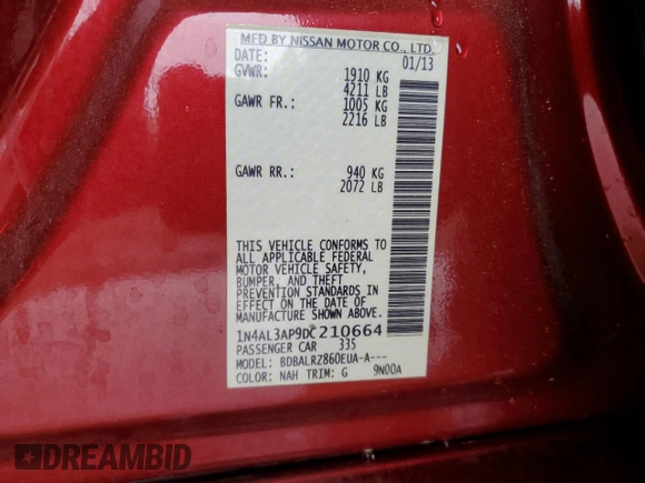 2013 Nissan Altima S with VIN 1N4AL3AP9DC210664, listed as a Copart auction lot 50951035 with 158,281 mi miles and Salvage Title. Bid and sale history available at DreamBid. Image 15.