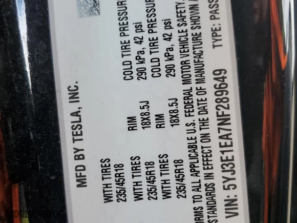 2022 Tesla Model 3 with VIN 5YJ3E1EA7NF289649, listed as a Copart auction lot 51381265 with 96,150 mi miles and Clean Title. Bid and sale history available at carsss.com. Image 13.