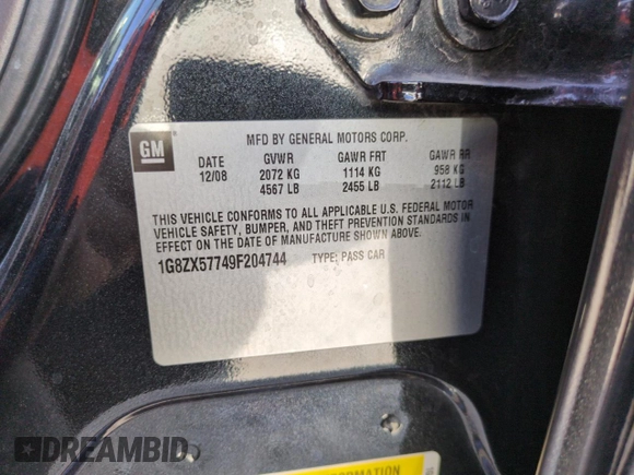 2009 Saturn Aura XR with VIN 1G8ZX57749F204744, listed as a Copart auction lot 53164185 with 101,918 mi miles and Salvage Title. Bid and sale history available at DreamBid. Image 12.