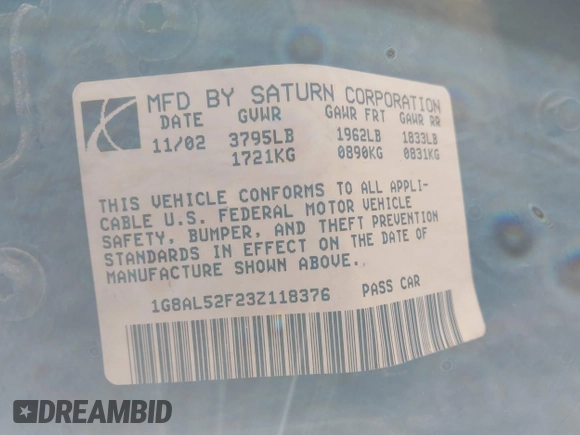 2003 Saturn ION with VIN 1G8AL52F23Z118376, listed as a IAAI auction lot 41973170 with 113,275 mi miles. Bid and sale history available at carsss.com. Image 9.