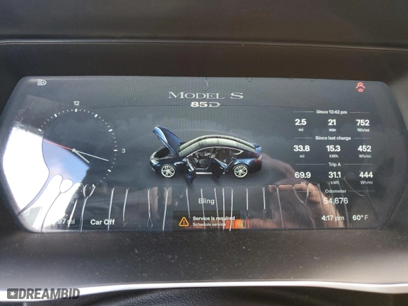 2015 Tesla Model S 85D with VIN 5YJSA4H28FF091449, listed as a Copart auction lot 44650715 with 54676 miles and Salvage Title. Bid and sale history available at carsss.com. Image 9.