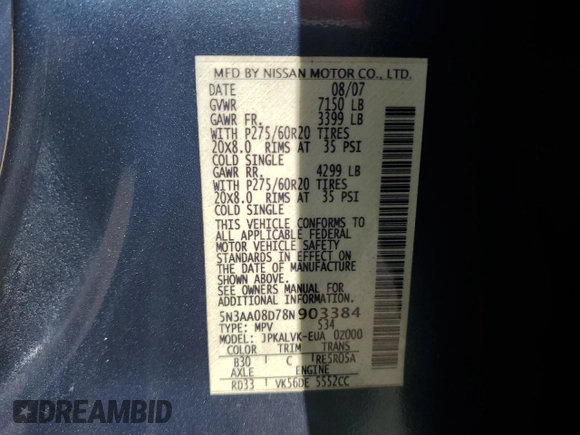 2008 Infiniti QX56 with VIN 5N3AA08D78N903384, listed as a Copart auction lot 47493495 with 264,083 mi miles and Salvage Title. Bid and sale history available at carsss.com. Image 12.