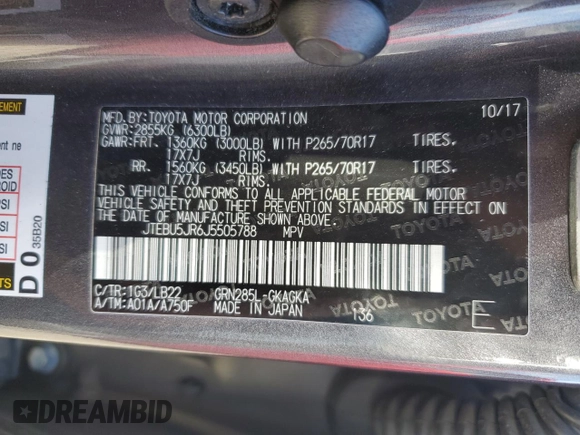 2018 Toyota 4Runner SR5 with VIN JTEBU5JR6J5505788, listed as a Copart auction lot 47994275 with 94,386 mi miles and Salvage Title. Bid and sale history available at carsss.com. Image 14.