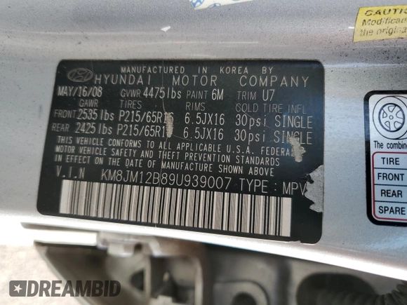 2009 Hyundai Tucson GLS with VIN KM8JM12B89U939007, listed as a Copart auction lot 79224474 with 42,277 mi miles and Clean Title. Bid and sale history available at carsss.com. Image 13.