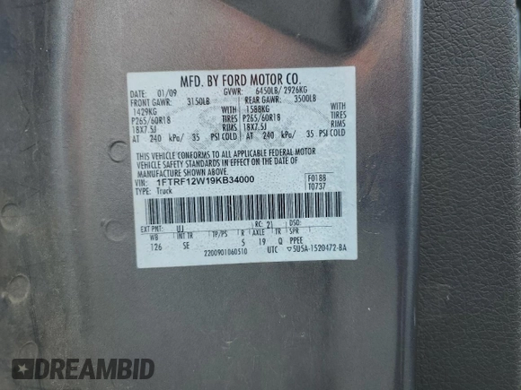 2009 Ford F-150 XL with VIN 1FTRF12W19KB34000, listed as a Copart auction lot 57475655 with Not provided miles and Salvage title. Bid and sale history available at DreamBid. Image 12.